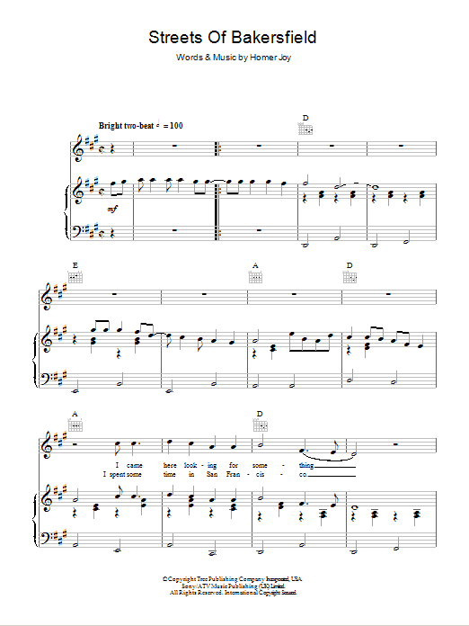 Dwight Yoakam Streets Of Bakersfield Sheet Music Notes & Chords for Piano, Vocal & Guitar (Right-Hand Melody) - Download or Print PDF