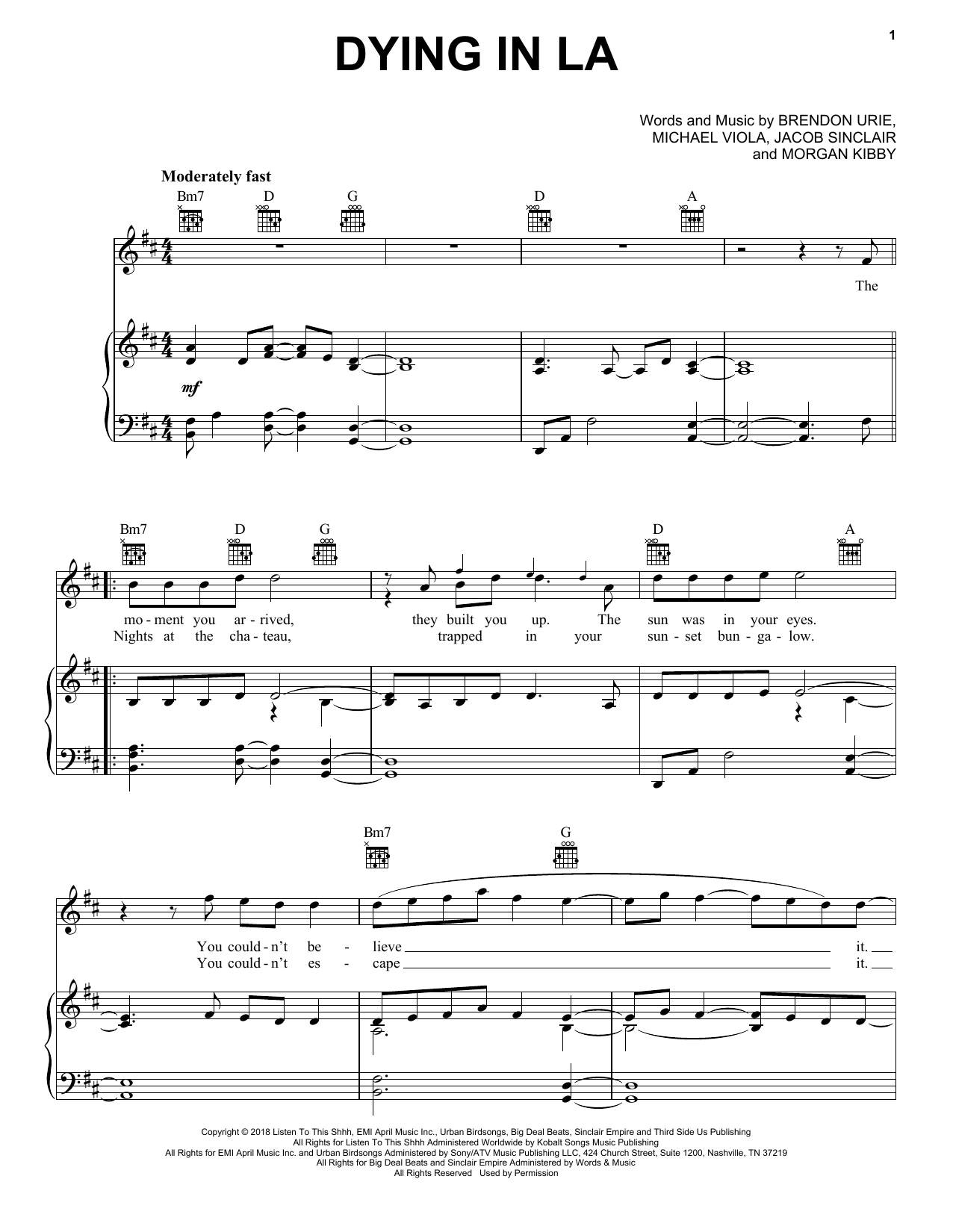 Preview Panic! At The Disco Dying In LA Alternative sheet music, notes and chords for Piano, Vocal & Guitar (Right-Hand Melody), SKU: 457548 sheet music, piano notes, chords, guitar tabs, score, transpose, transcribe, how to play, guide, download, learn, tutorial, progression, song, artist, awards, billboard, mtv, vh1, tour, single, album, release