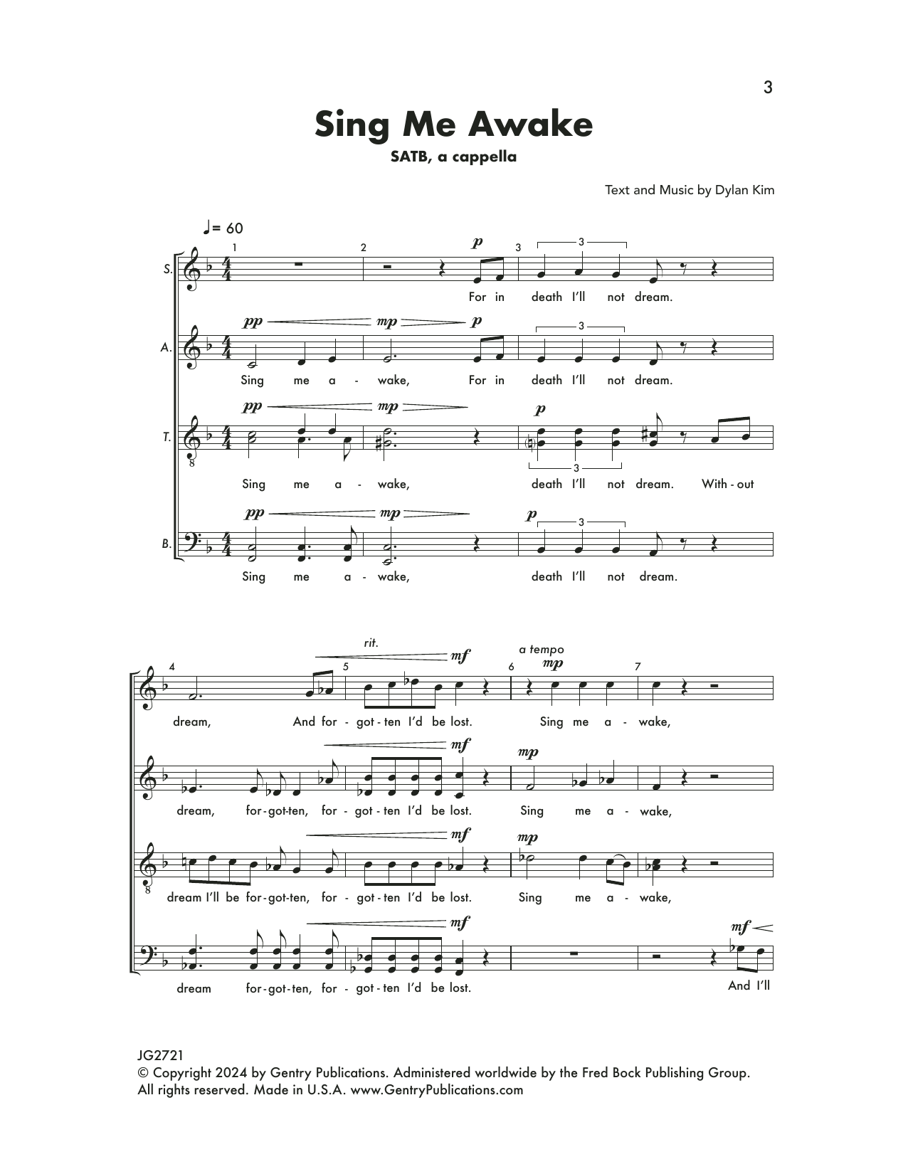Dylan Kim Sing Me Awake Sheet Music Notes & Chords for SATB Choir - Download or Print PDF