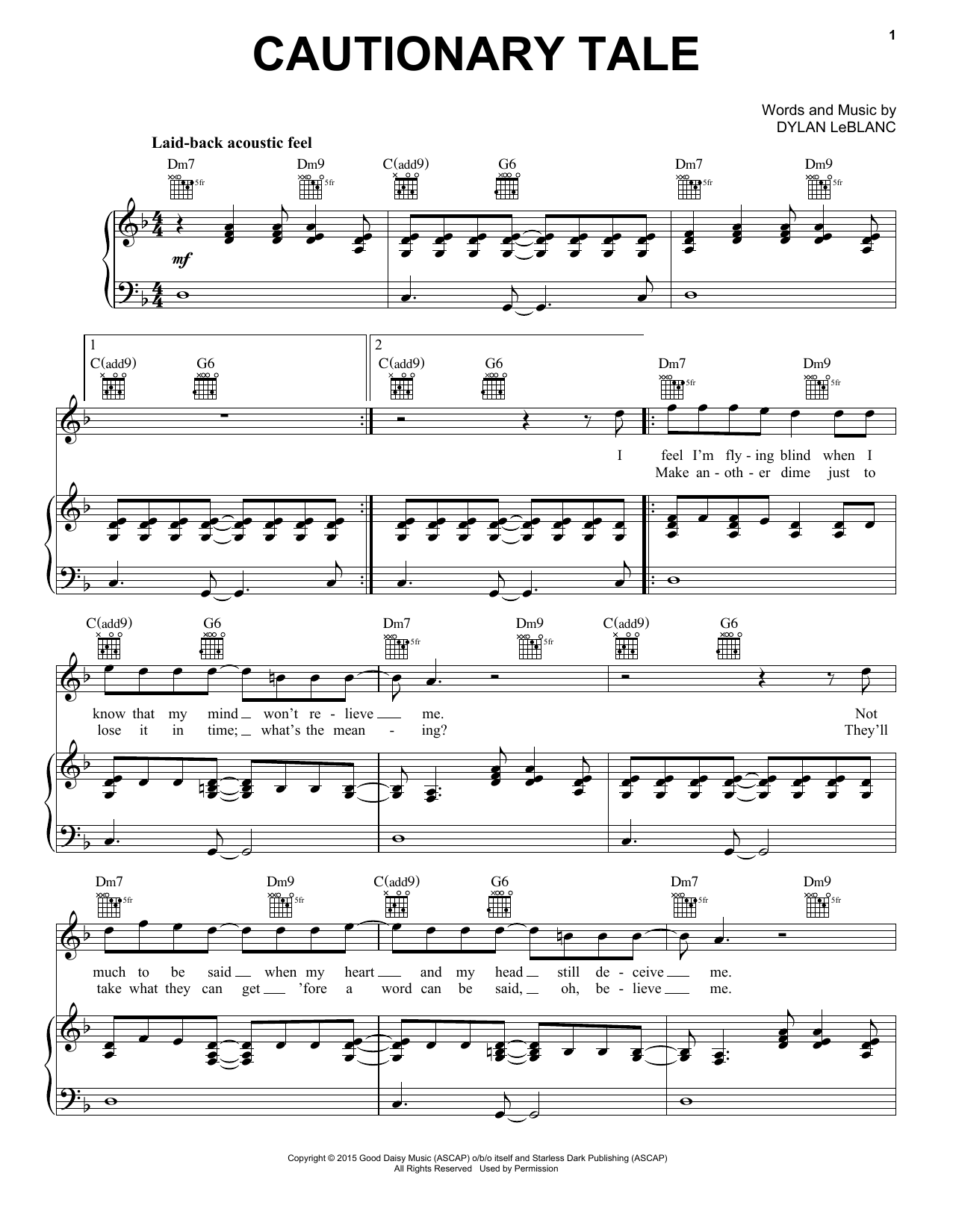 Dylan LeBlanc Cautionary Tale Sheet Music Notes & Chords for Piano, Vocal & Guitar (Right-Hand Melody) - Download or Print PDF Dylan LeBlanc Cautionary Tale Sheet Music Notes & Chords for Piano, Vocal & Guitar (Right-Hand Melody) - Download or Print PDF