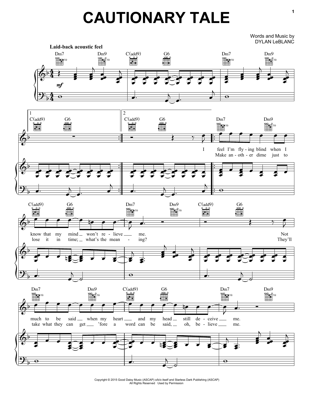 Dylan LeBlanc Cautionary Tale Sheet Music Notes & Chords for Piano, Vocal & Guitar (Right-Hand Melody) - Download or Print PDF