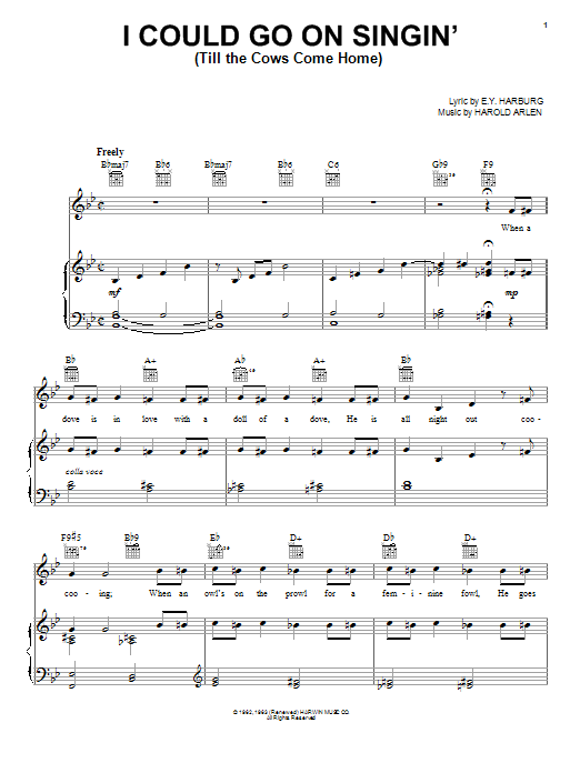 E. Y. Harburg I Could Go On Singin' (Till The Cows Come Home) Sheet Music Notes & Chords for Piano, Vocal & Guitar (Right-Hand Melody) - Download or Print PDF