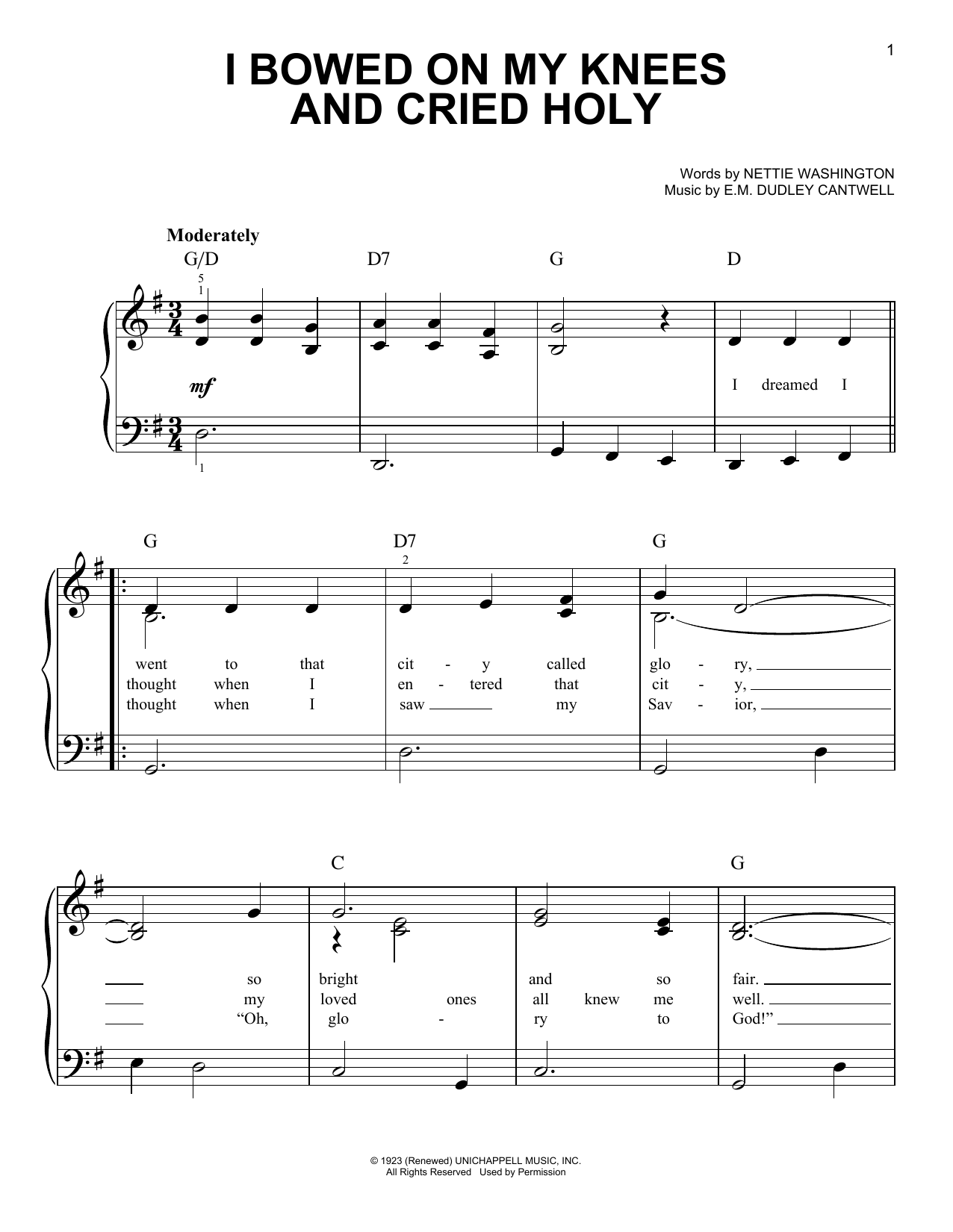 Preview E.M. Dudley Cantwell I Bowed On My Knees And Cried Holy Gospel sheet music, notes and chords for Super Easy Piano, SKU: 409555 I Bowed On My Knees And Cried Holy sheet music