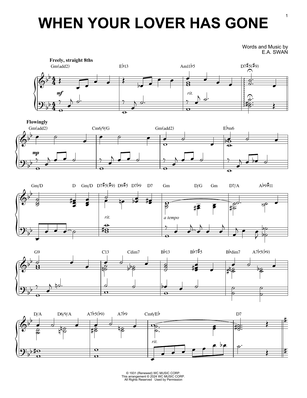 E.A. Swan When Your Lover Has Gone (arr. Brent Edstrom) Sheet Music Notes & Chords for Piano Solo - Download or Print PDF E.A. Swan When Your Lover Has Gone (arr. Brent Edstrom) Sheet Music Notes & Chords for Piano Solo - Download or Print PDF