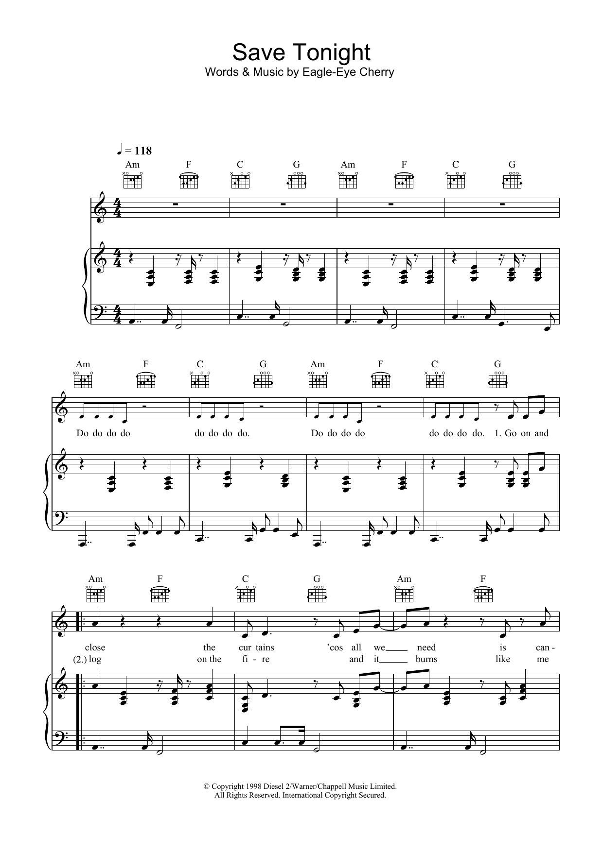 Eagle Eye Cherry Save Tonight Sheet Music Notes & Chords for Lyrics & Chords - Download or Print PDF