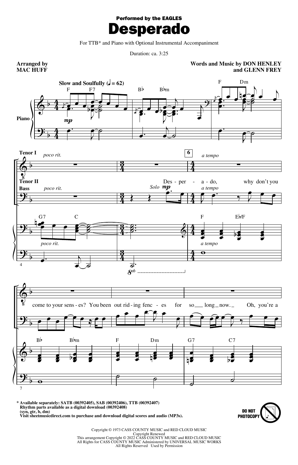 Eagles Desperado (arr. Mac Huff) Sheet Music Notes & Chords for TTBB Choir - Download or Print PDF