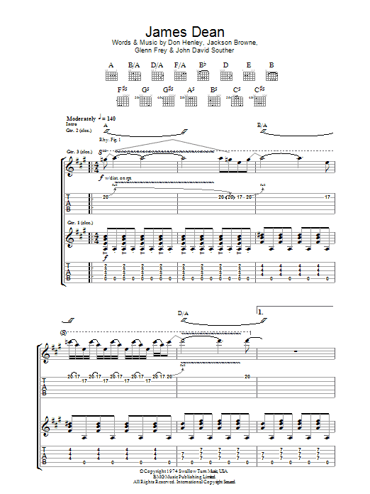 Eagles James Dean Sheet Music Notes & Chords for Guitar Chords/Lyrics - Download or Print PDF