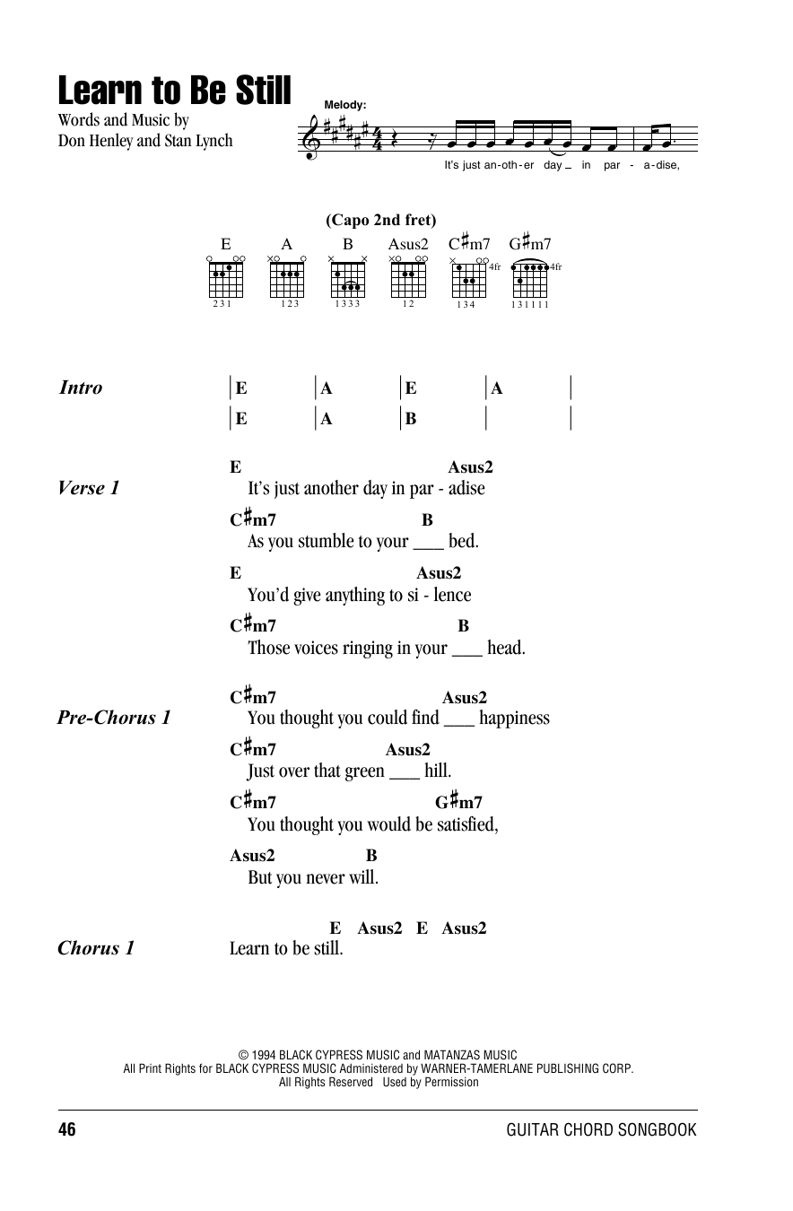 Eagles Learn To Be Still Sheet Music Notes & Chords for Lyrics & Chords - Download or Print PDF