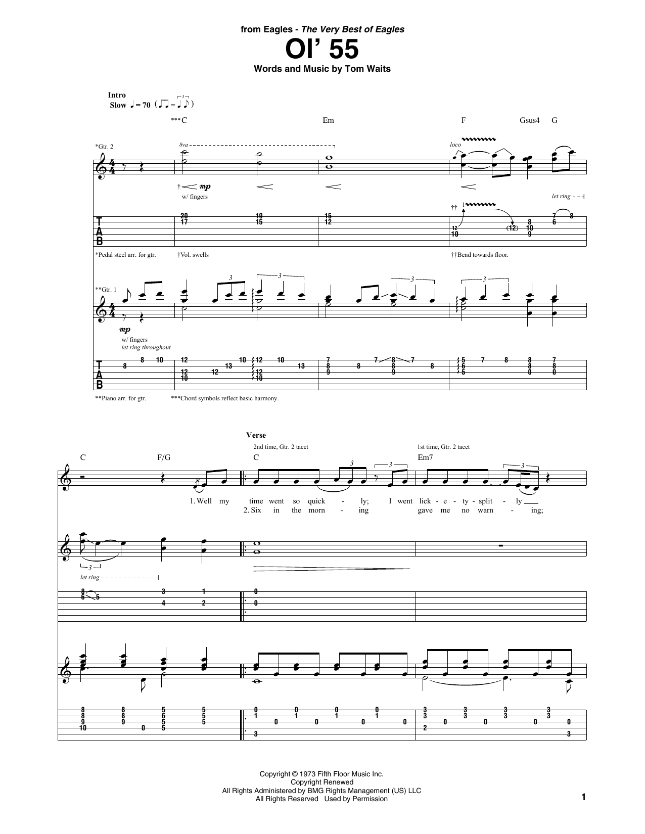 Eagles Ol' 55 Sheet Music Notes & Chords for Guitar Tab - Download or Print PDF