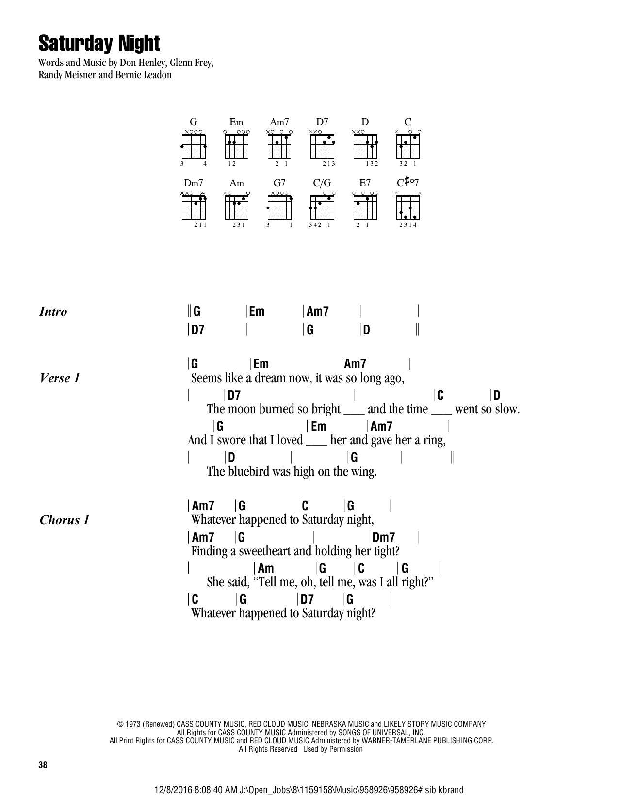 Eagles Saturday Night Sheet Music Notes & Chords for Lyrics & Chords - Download or Print PDF