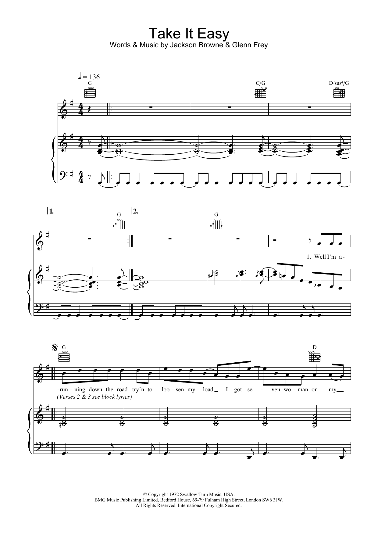 Eagles Take It Easy Sheet Music Notes & Chords for Piano, Vocal & Guitar (Right-Hand Melody) - Download or Print PDF
