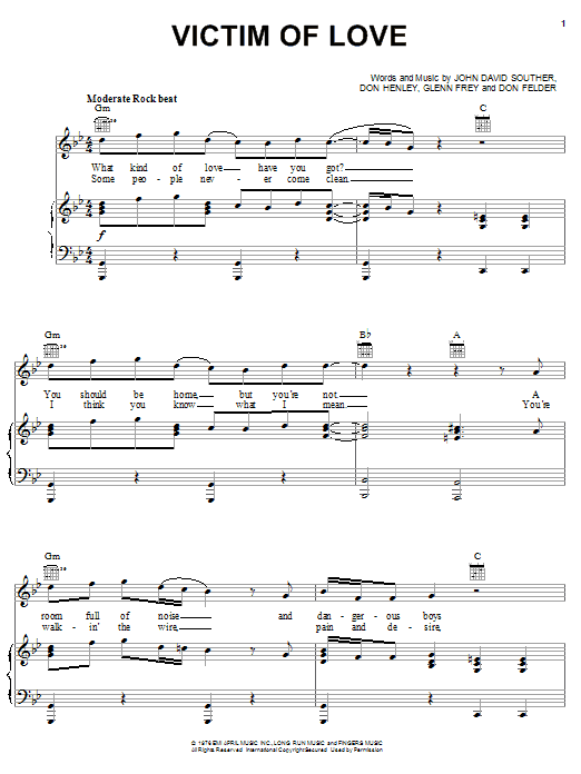 Eagles Victim Of Love Sheet Music Notes & Chords for Piano, Vocal & Guitar (Right-Hand Melody) - Download or Print PDF