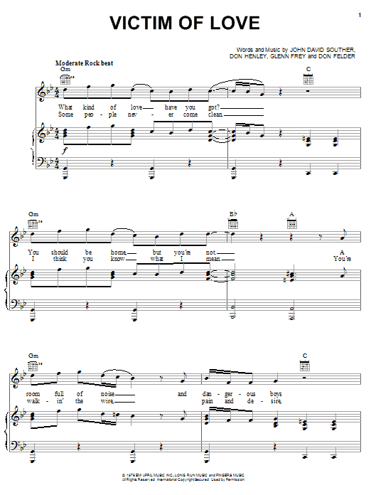 Preview Eagles Victim Of Love Rock sheet music, notes and chords for Piano, Vocal & Guitar (Right-Hand Melody), SKU: 23489 sheet music, piano notes, chords, guitar tabs, score, transpose, transcribe, how to play, guide, download, learn, tutorial, progression, song, artist, awards, billboard, mtv, vh1, tour, single, album, release