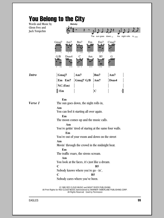 Eagles You Belong To The City Sheet Music Notes & Chords for Lyrics & Chords - Download or Print PDF