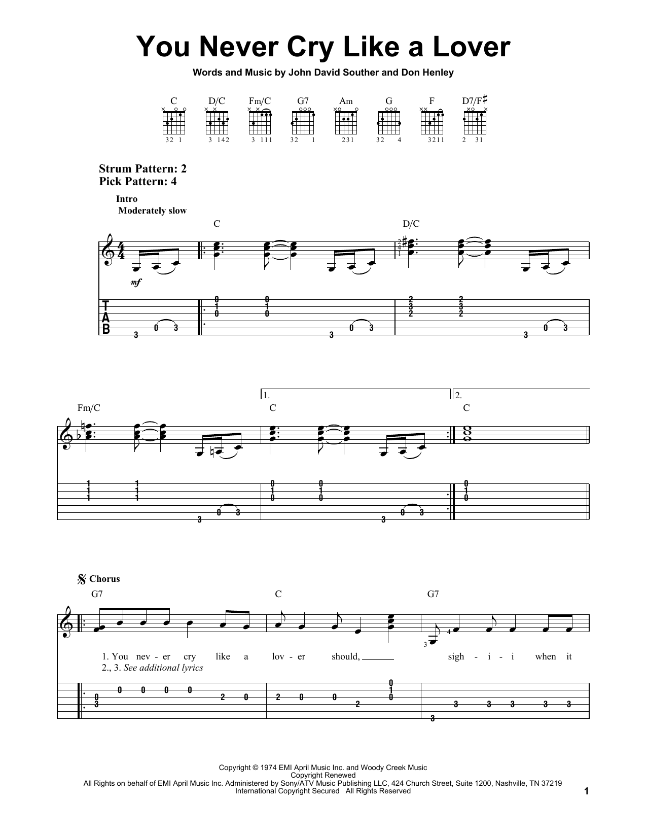 Eagles You Never Cry Like A Lover Sheet Music Notes & Chords for Easy Guitar Tab - Download or Print PDF