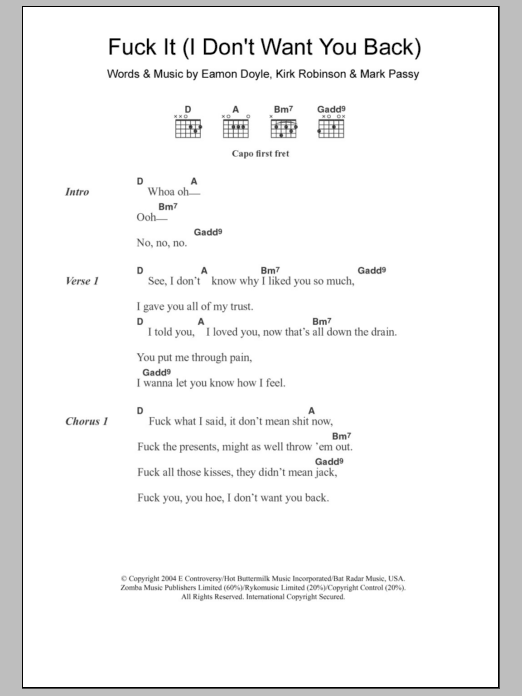 Eamon Fuck It (I Don't Want You Back) Sheet Music Notes & Chords for Lyrics & Chords - Download or Print PDF