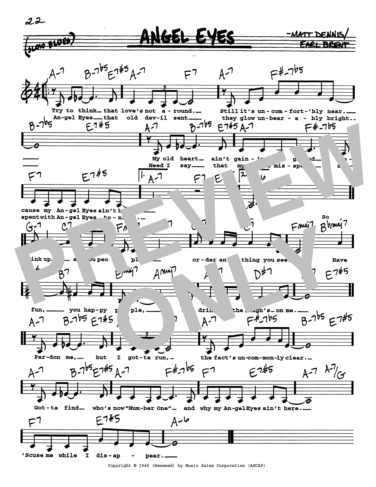 Earl Brent Angel Eyes (Low Voice) Sheet Music Notes & Chords for Real Book – Melody, Lyrics & Chords - Download or Print PDF