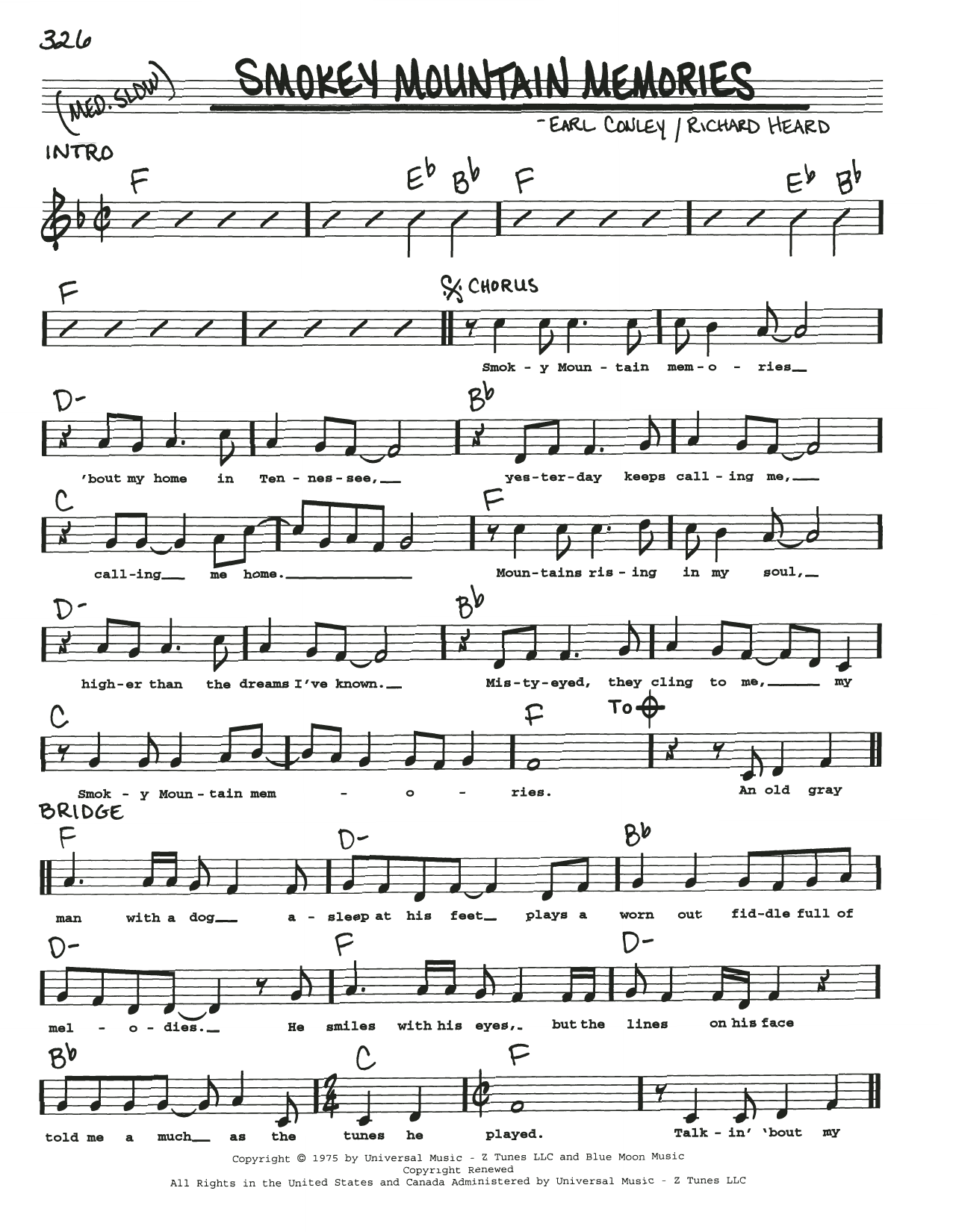Earl Conley Smokey Mountain Memories Sheet Music Notes & Chords for Real Book – Melody, Lyrics & Chords - Download or Print PDF