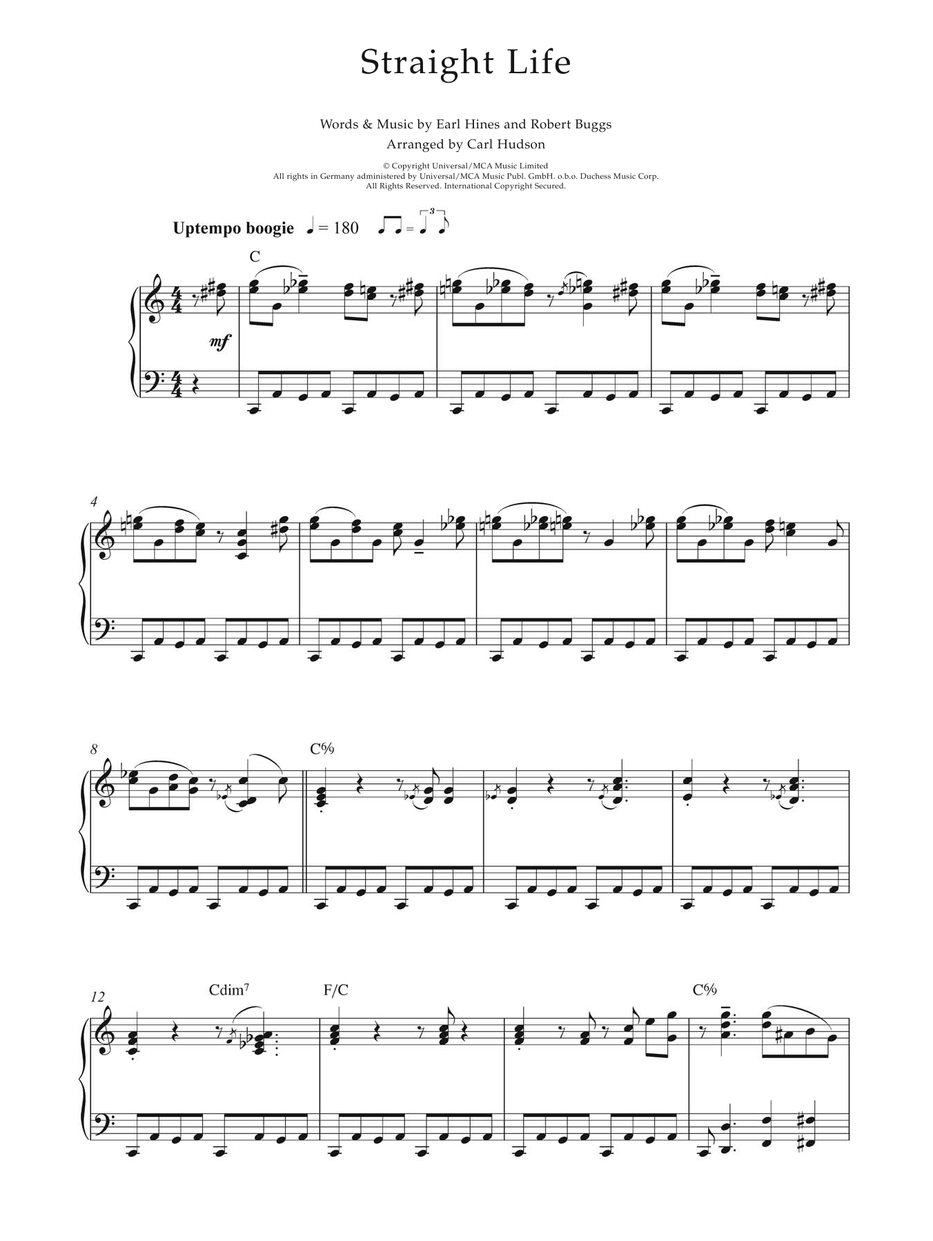 Earl Hines Straight Life Sheet Music Notes & Chords for Piano - Download or Print PDF