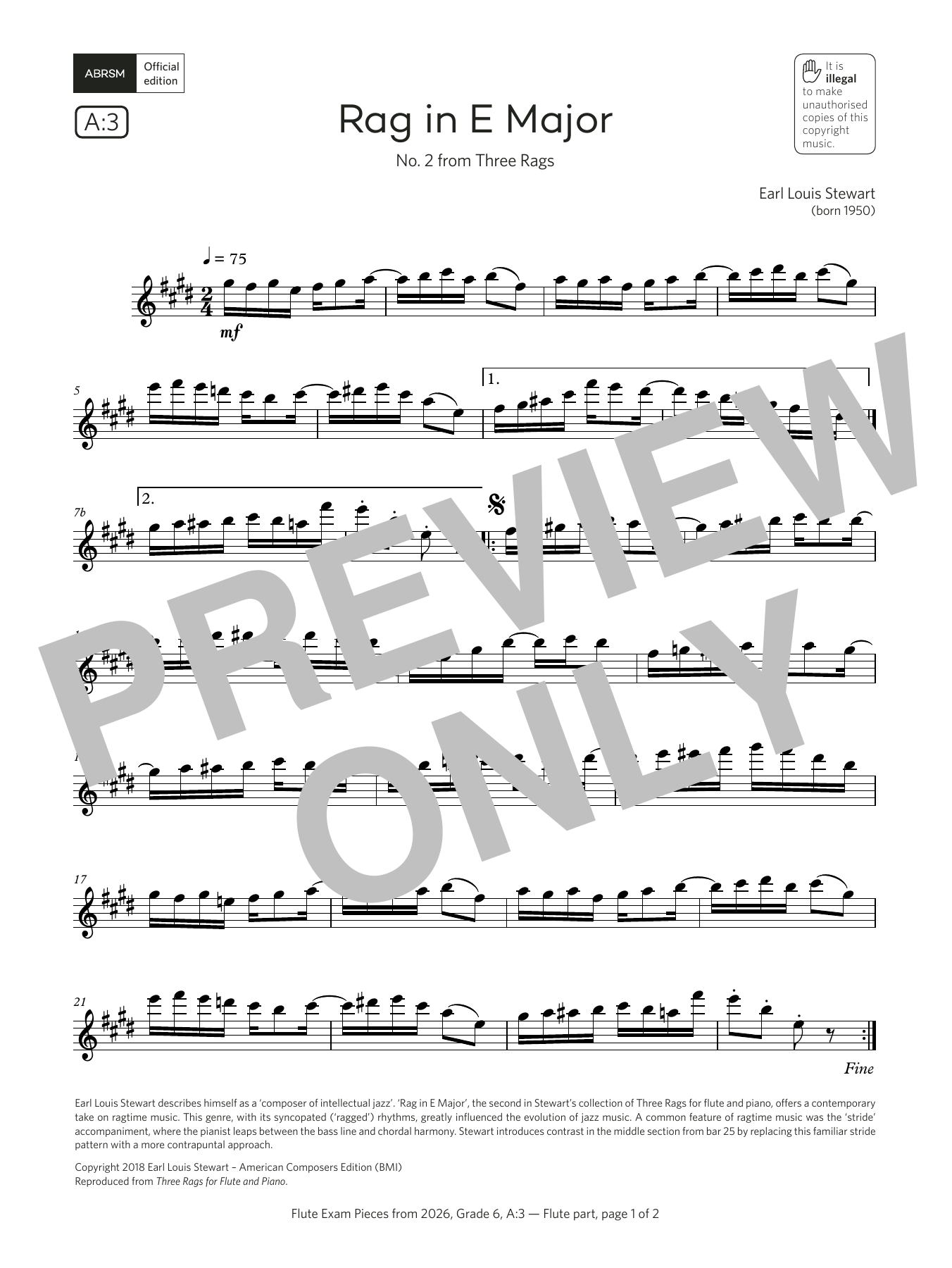 Earl Louis Stewart Rag in E Major (Grade 6, list A3, from the ABRSM Flute Syllabus from 2026) Sheet Music Notes & Chords for Flute Solo - Download or Print PDF Earl Louis Stewart Rag in E Major (Grade 6, list A3, from the ABRSM Flute Syllabus from 2026) Sheet Music Notes & Chords for Flute Solo - Download or Print PDF