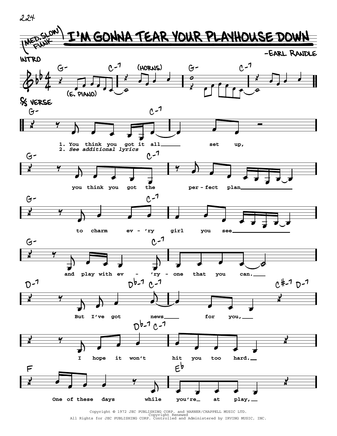 Earl Randle I'm Gonna Tear Your Playhouse Down Sheet Music Notes & Chords for Real Book – Melody & Chords - Download or Print PDF