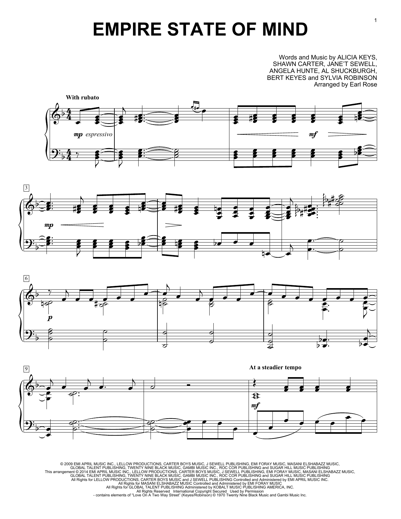 Earl Rose Empire State Of Mind Sheet Music Notes & Chords for Piano - Download or Print PDF