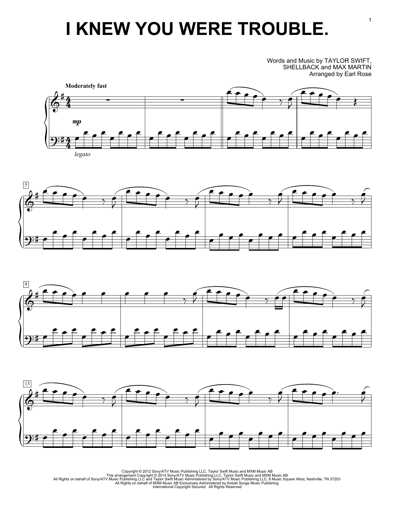 Earl Rose I Knew You Were Trouble. Sheet Music Notes & Chords for Piano - Download or Print PDF