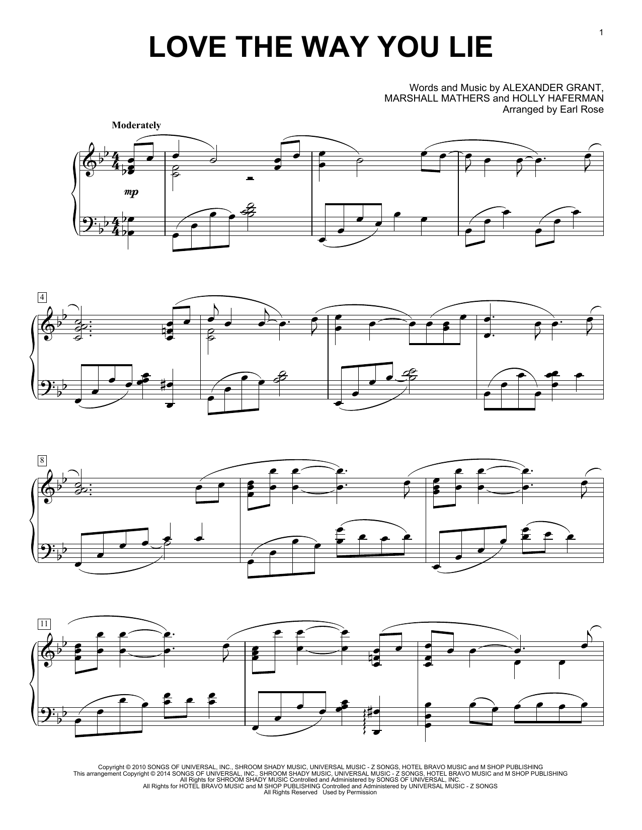 Earl Rose Love The Way You Lie Sheet Music Notes & Chords for Piano - Download or Print PDF