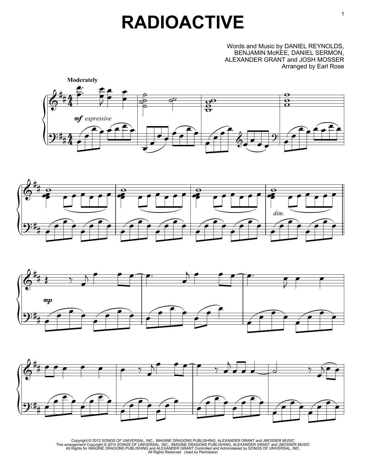 Earl Rose Radioactive Sheet Music Notes & Chords for Piano - Download or Print PDF