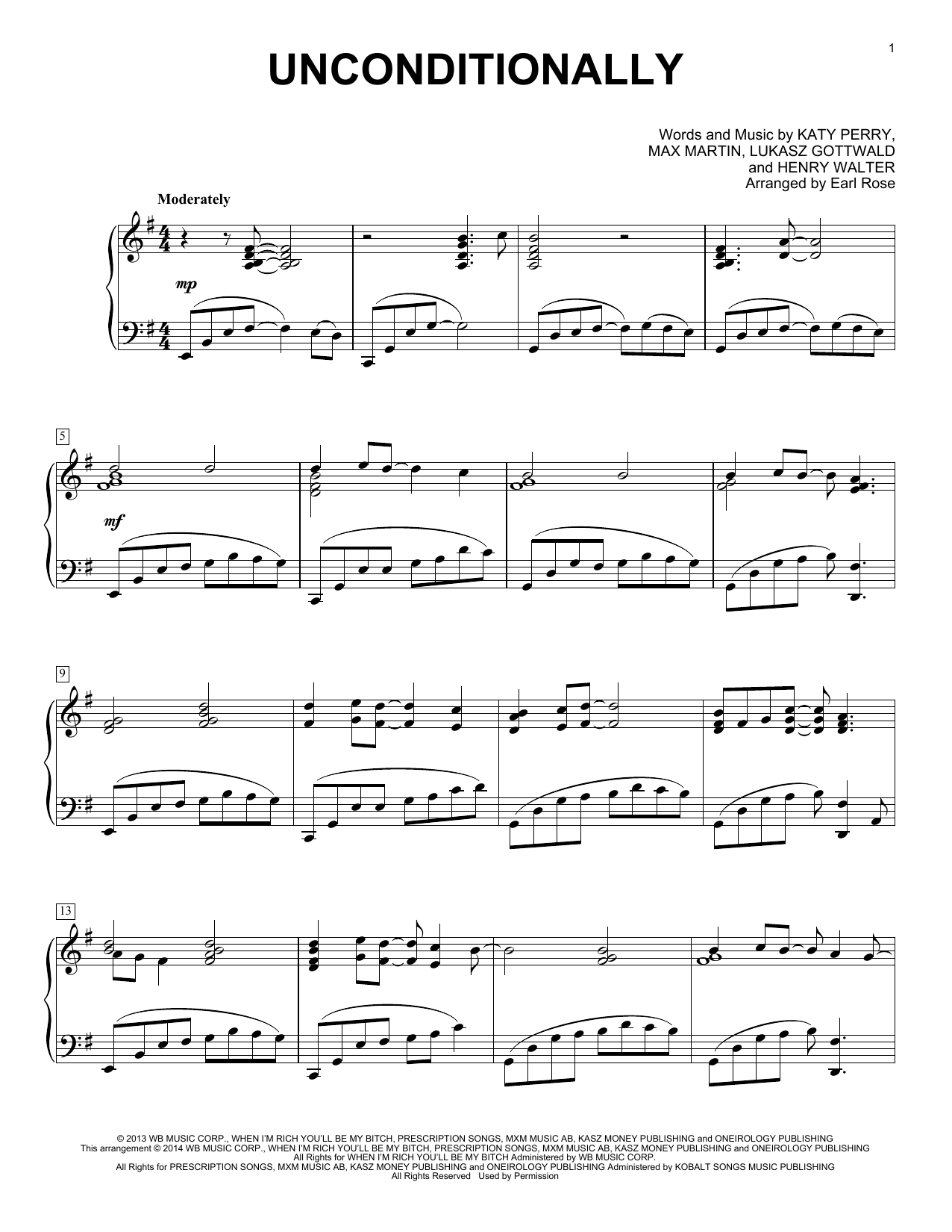 Earl Rose Unconditionally Sheet Music Notes & Chords for Piano - Download or Print PDF