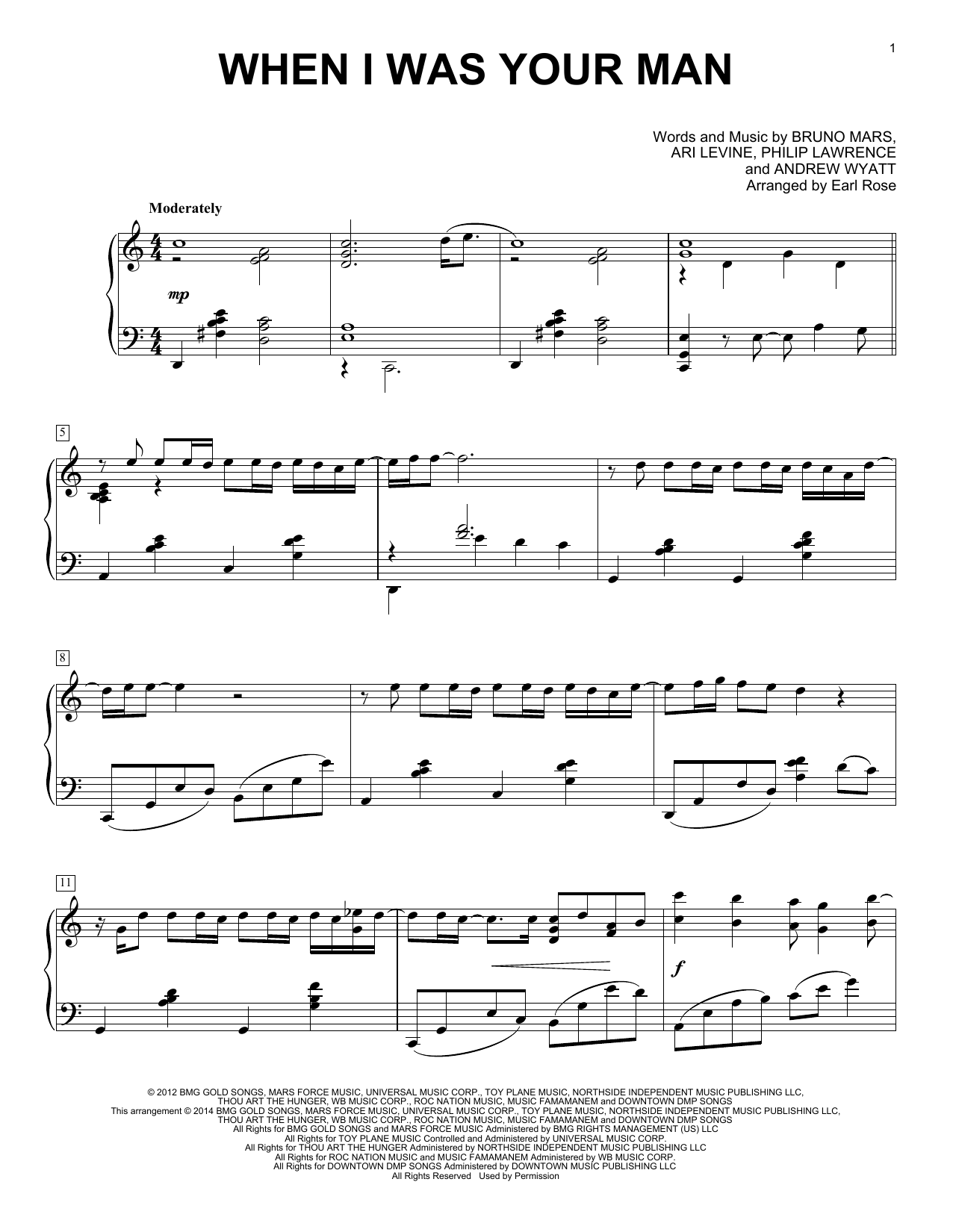 Earl Rose When I Was Your Man Sheet Music Notes & Chords for Piano - Download or Print PDF