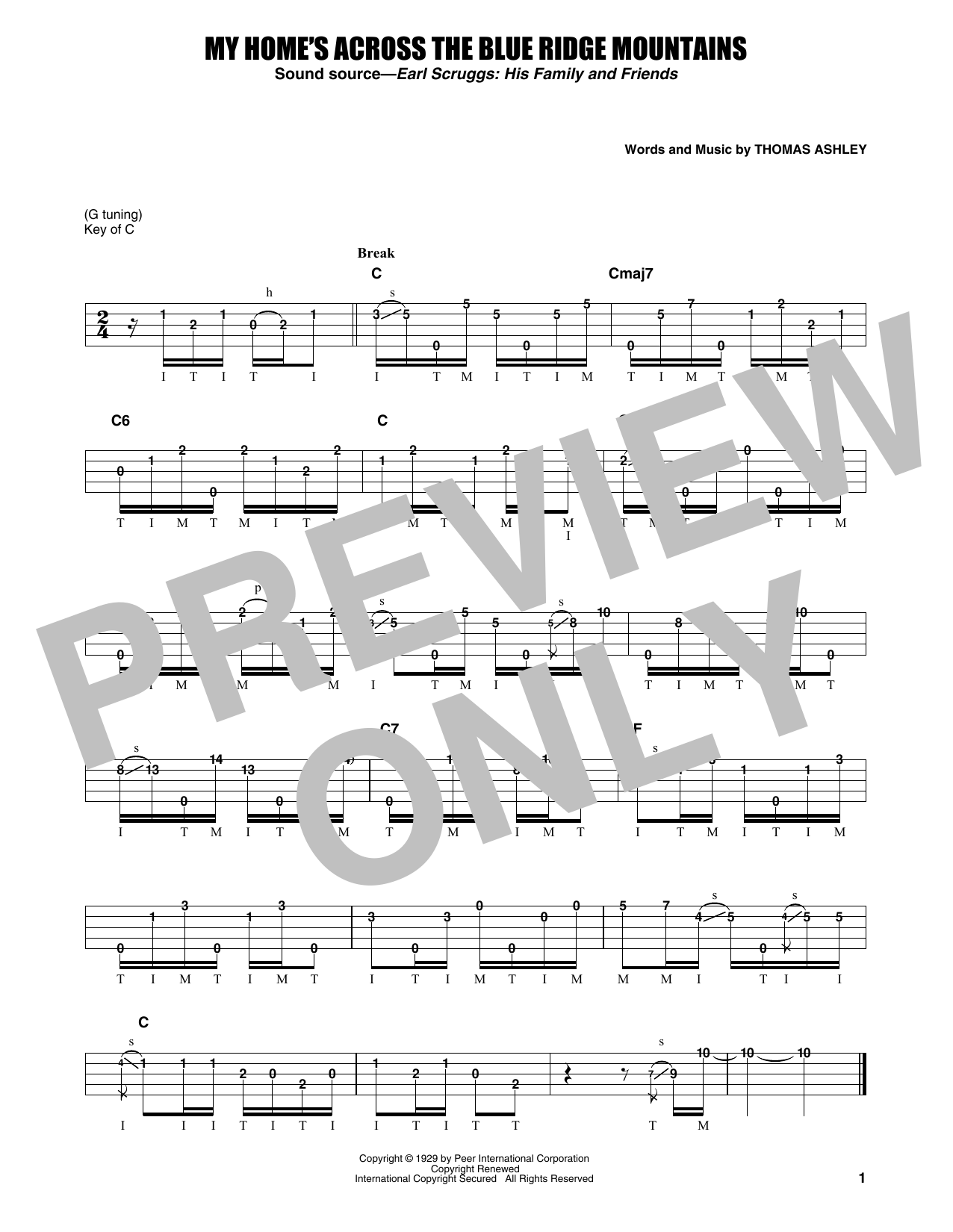 Earl Scruggs My Home's Across The Blue Ridge Mountains Sheet Music Notes & Chords for Banjo Tab - Download or Print PDF
