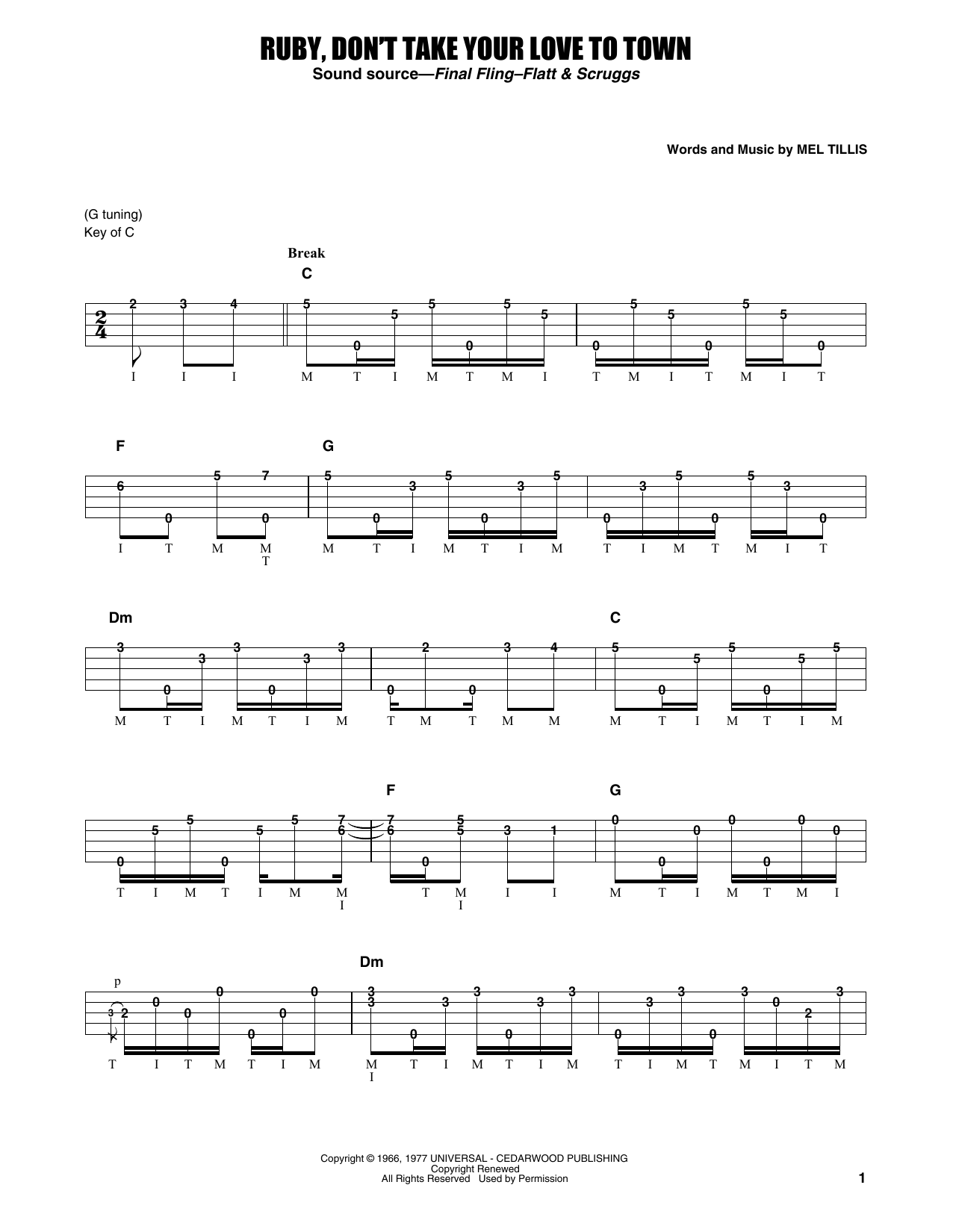 Earl Scruggs Ruby, Don't Take Your Love To Town Sheet Music Notes & Chords for Banjo Tab - Download or Print PDF