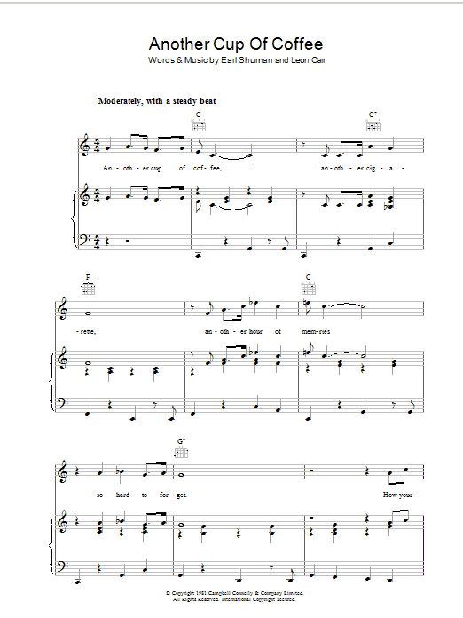 Earl Shuman Another Cup Of Coffee Sheet Music Notes & Chords for Piano, Vocal & Guitar (Right-Hand Melody) - Download or Print PDF