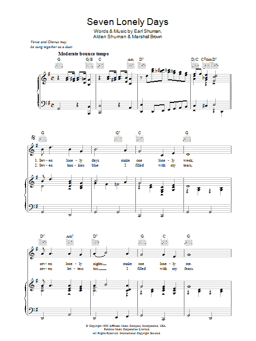 Earl Shuman Seven Lonely Days Sheet Music Notes & Chords for Piano, Vocal & Guitar (Right-Hand Melody) - Download or Print PDF