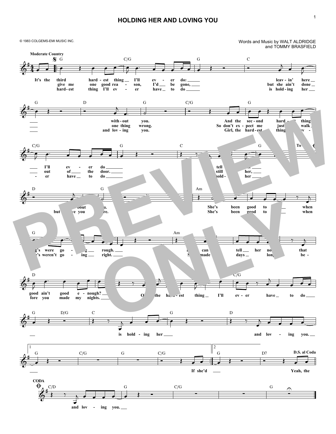 Earl Thomas Conley Holding Her And Loving You Sheet Music Notes & Chords for Piano, Vocal & Guitar Chords (Right-Hand Melody) - Download or Print PDF