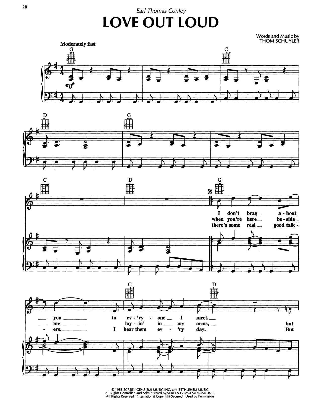 Earl Thomas Conley Love Out Loud Sheet Music Notes & Chords for Piano, Vocal & Guitar Chords (Right-Hand Melody) - Download or Print PDF