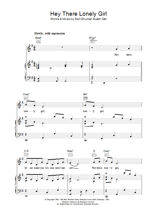 Preview Earl Shuman Hey There, Lonely Girl Pop sheet music, notes and chords for Piano, Vocal & Guitar (Right-Hand Melody), SKU: 37525 Hey There, Lonely Girl sheet music