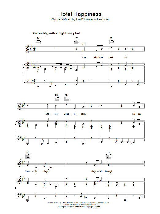 Preview Earl Shuman Hotel Happiness Pop sheet music, notes and chords for Piano, Vocal & Guitar (Right-Hand Melody), SKU: 37519 Hotel Happiness sheet music