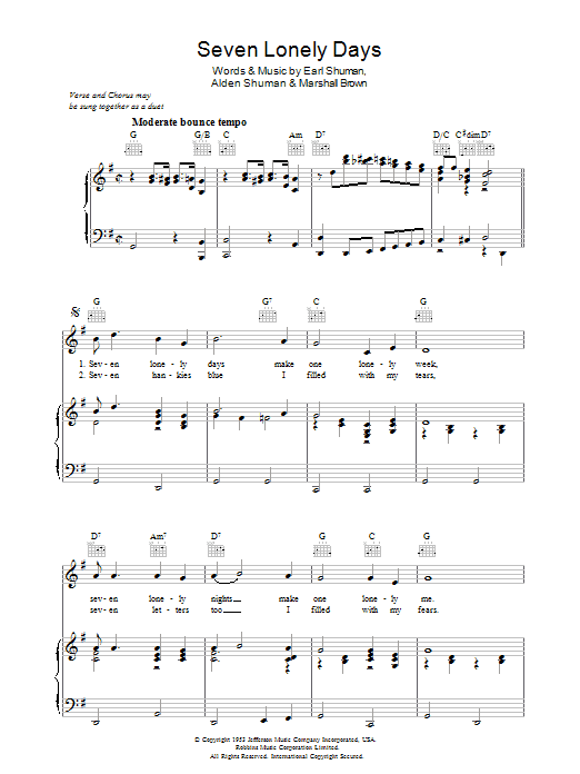 Preview Earl Shuman Seven Lonely Days Pop sheet music, notes and chords for Piano, Vocal & Guitar (Right-Hand Melody), SKU: 37430 Seven Lonely Days sheet music