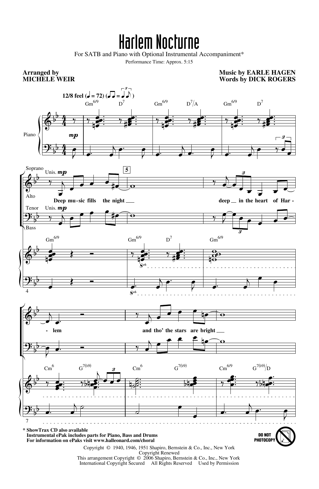 Earle Hagen and Dick Rogers Harlem Nocturne (arr. Michele Weir) Sheet Music Notes & Chords for SATB Choir - Download or Print PDF