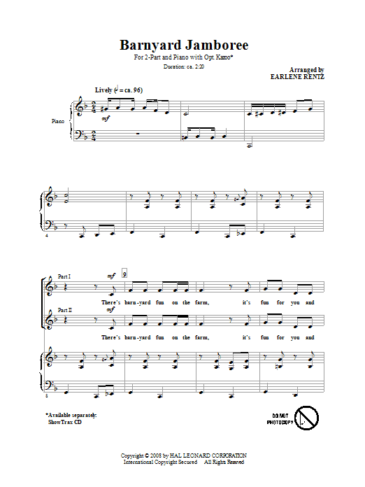 Earlene Rentz Barnyard Jamboree Sheet Music Notes & Chords for 2-Part Choir - Download or Print PDF