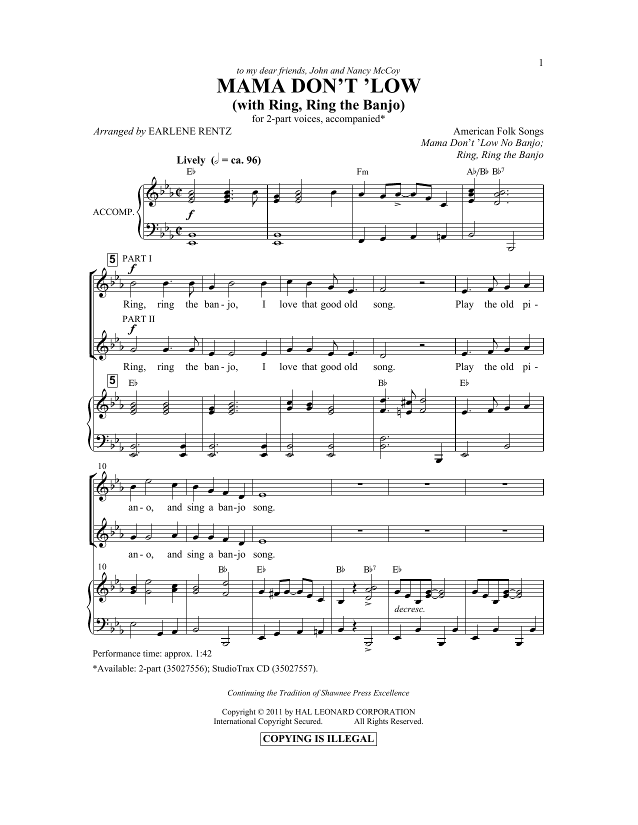 Earlene Rentz Mama Don't 'Low (with Ring, Ring The Banjo) Sheet Music Notes & Chords for 2-Part Choir - Download or Print PDF