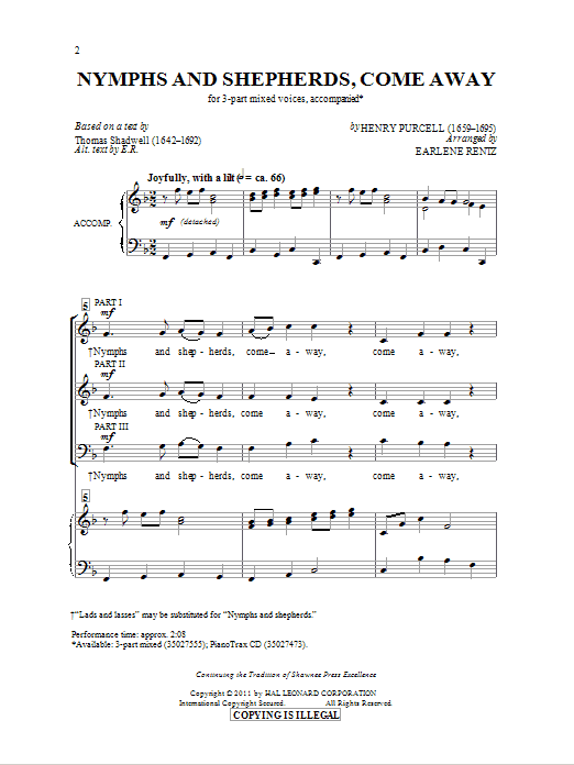 Earlene Rentz Nymphs And Shepherds, Come Away Sheet Music Notes & Chords for 3-Part Mixed - Download or Print PDF