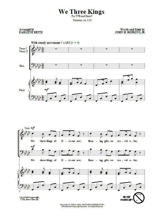 Earlene Rentz We Three Kings Sheet Music Notes & Chords for Choral TTB - Download or Print PDF