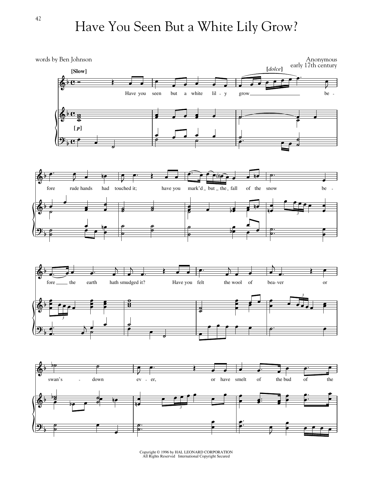 Early 17th Century melody Have You Seen But A White Lily Grow? (High Voice) Sheet Music Notes & Chords for Piano & Vocal - Download or Print PDF