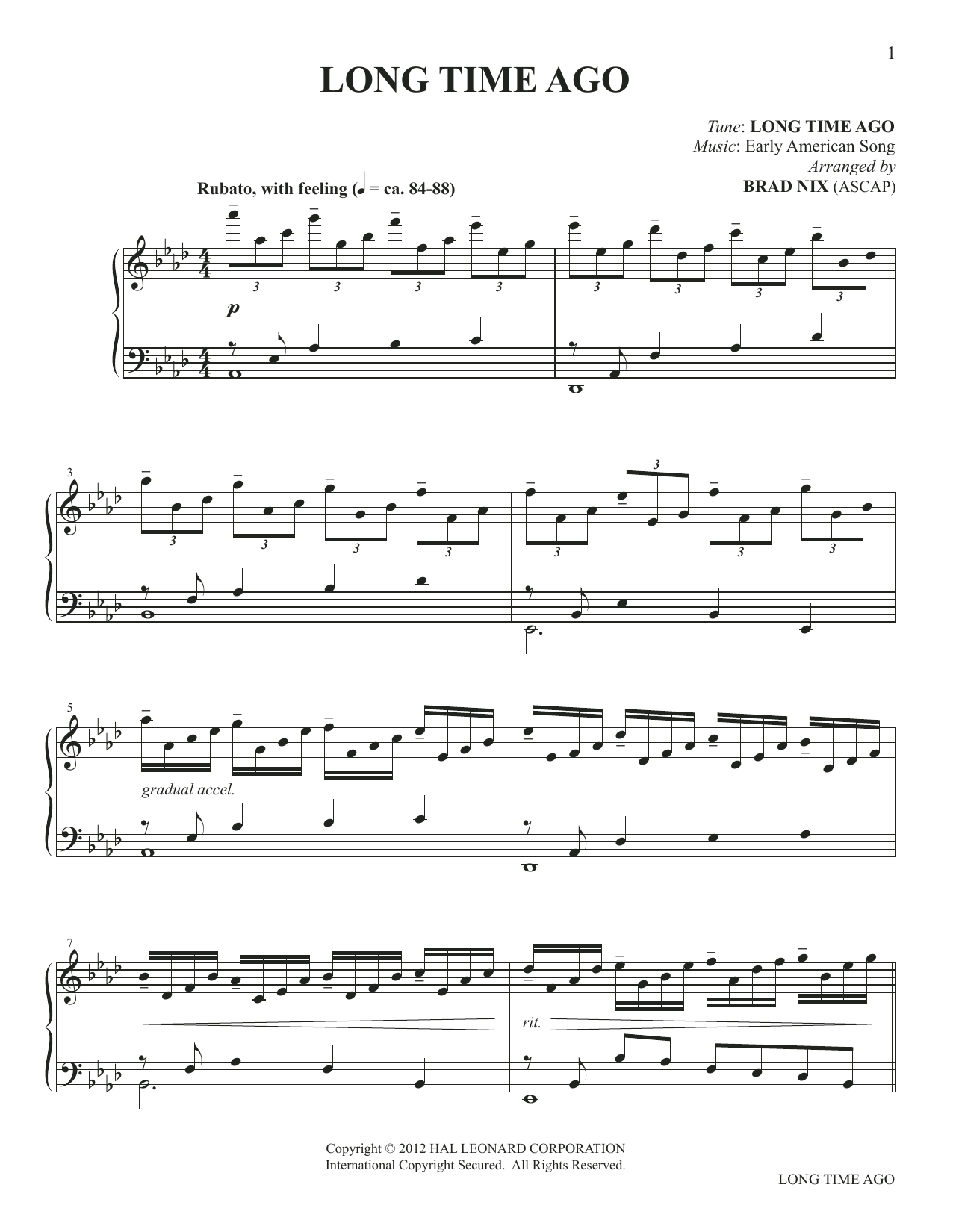 Early American Song Long Time Ago (arr. Brad Nix) Sheet Music Notes & Chords for Piano Solo - Download or Print PDF