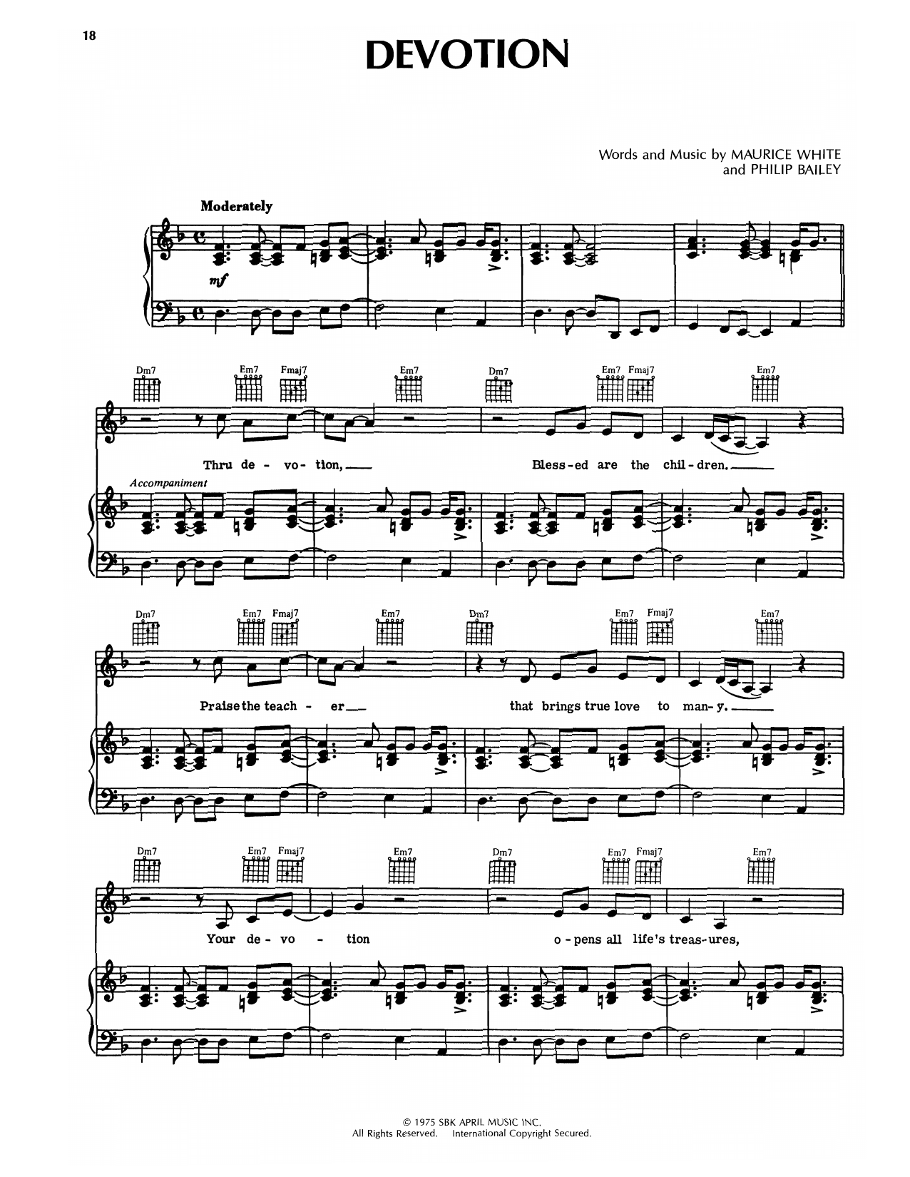 Earth, Wind & Fire Devotion Sheet Music Notes & Chords for Piano, Vocal & Guitar Chords (Right-Hand Melody) - Download or Print PDF