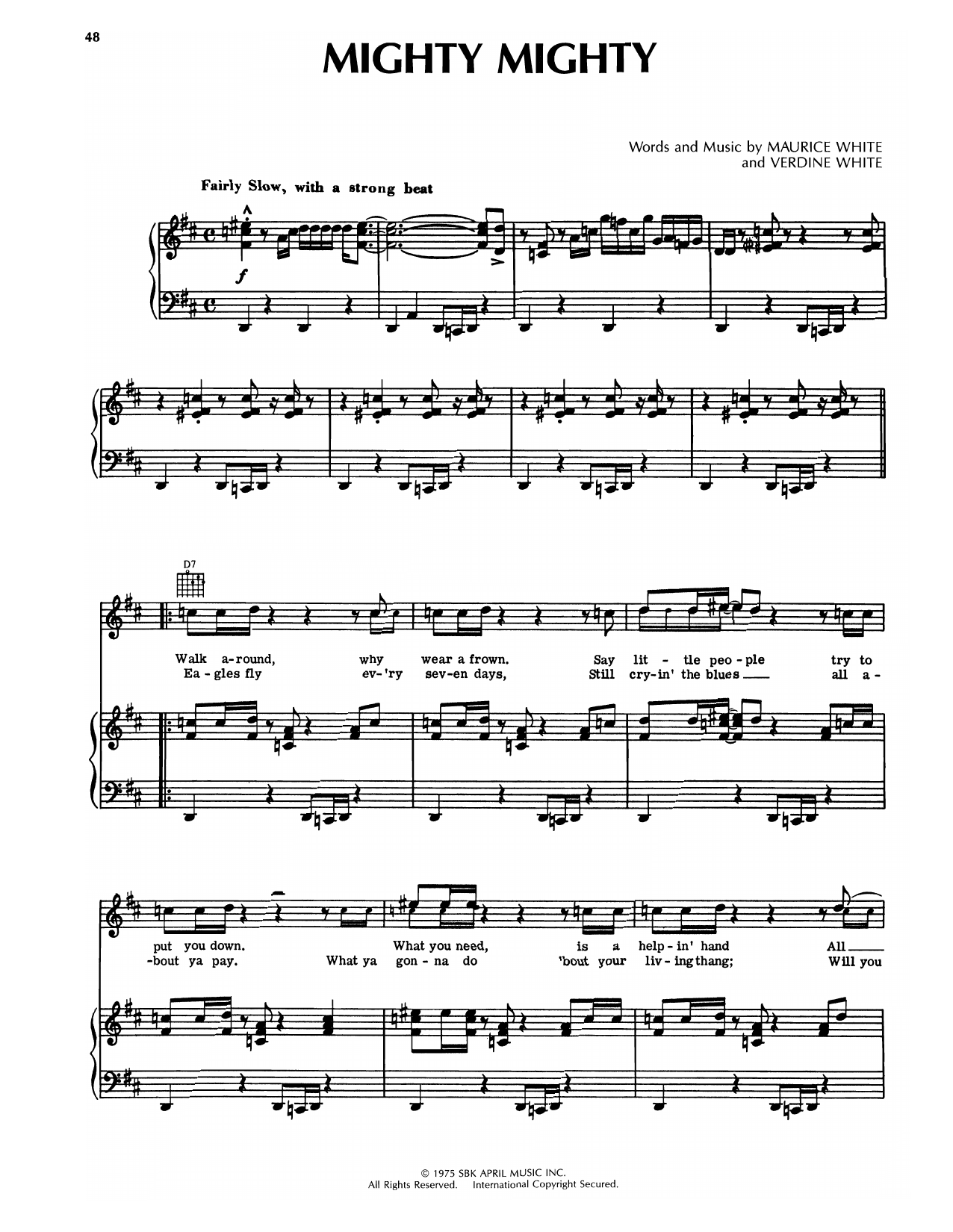 Earth, Wind & Fire Mighty Mighty Sheet Music Notes & Chords for Piano, Vocal & Guitar Chords (Right-Hand Melody) - Download or Print PDF