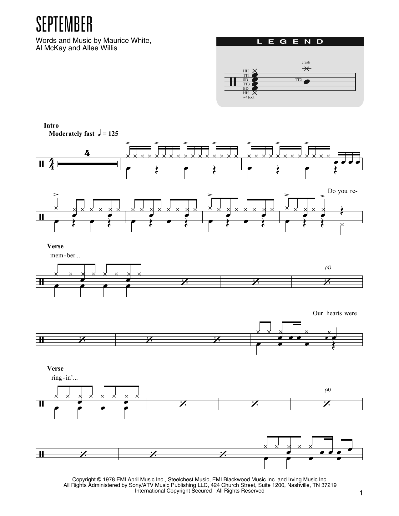Earth, Wind & Fire September (arr. Kennan Wylie) Sheet Music Notes & Chords for Drums Transcription - Download or Print PDF